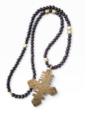 Akola Project Ethiopian Coptic Cross Necklace Wood Bead Hand Cast Brass